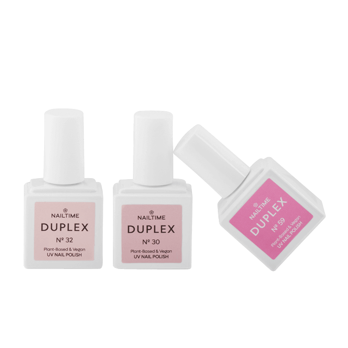 DUPLEX Plant-Based Vegan UV Nail Polish set including #30 and #32 bottles, highlighting natural ingredients and fast drying time.