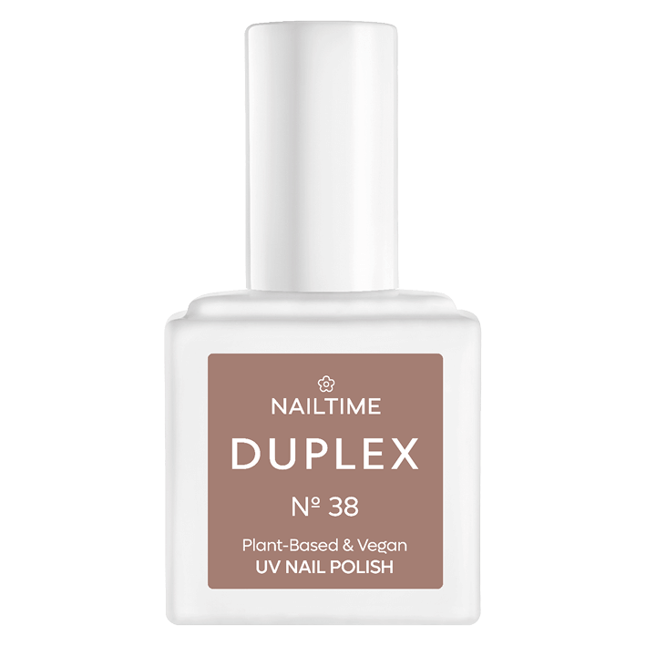 DUPLEX UV Nail Polish No.38 in dark gray-brown, vegan, plant-based, dries in 90 seconds, lasts up to 3x longer.