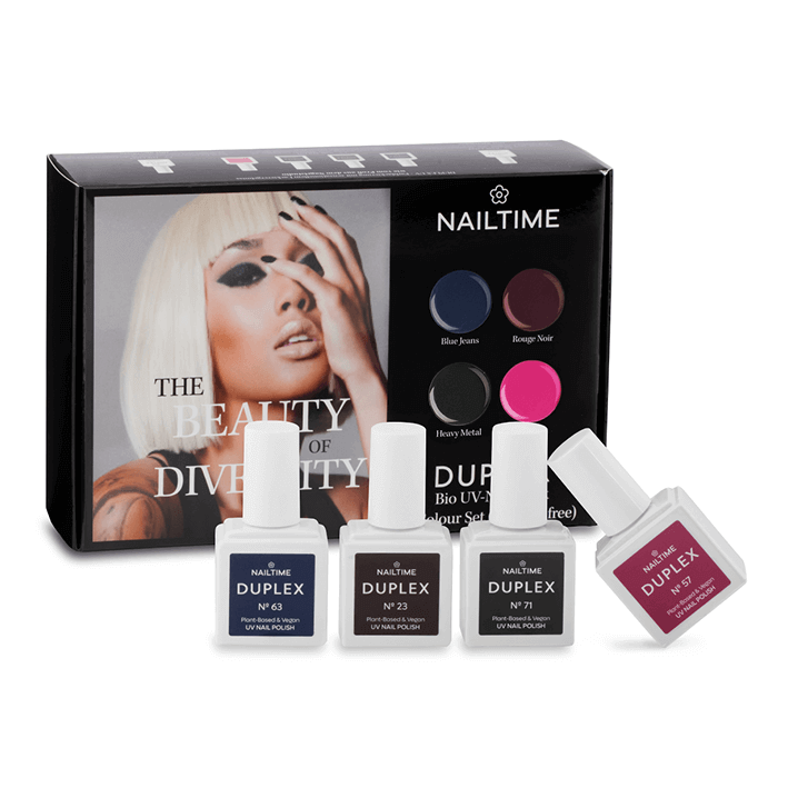 DUPLEX DIVERSITY COLLECTION by NAILTIME featuring 4 UV bio nail polishes in vibrant colors, vegan and plant-based ingredients.