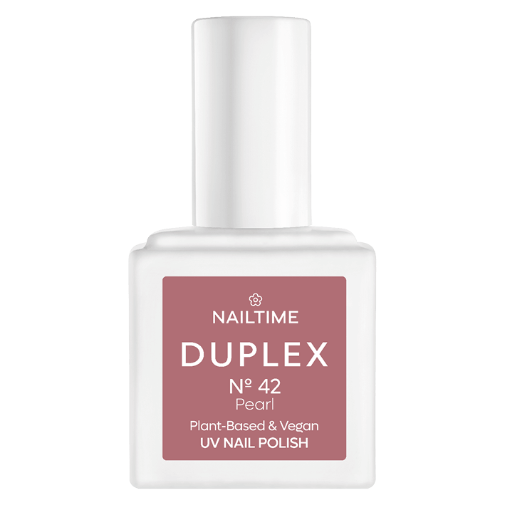DUPLEX No.42 Pearl UV nail polish, bright pink with pearl effect, plant-based, vegan formula, dries in 90 seconds.