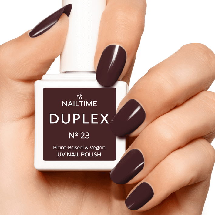 DUPLEX NAIL POLISH No.23 - Rouge Noire, vegan, plant-based UV nail polish in deep Bordeaux shade, holding 2-3x longer.