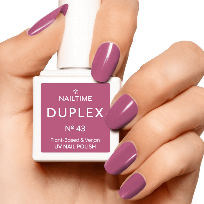 DUPLEX N°43 Wild Plum, vegan plant-based UV nail polish in elegant plum shade, dries in 60 seconds, lasts up to 3x longer.