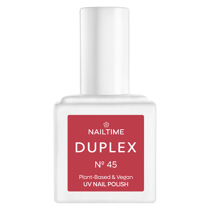 DUPLEX No.45 Mystique UV Nail Polish, plant-based, vegan, rich berry red color, dries in 90 seconds.