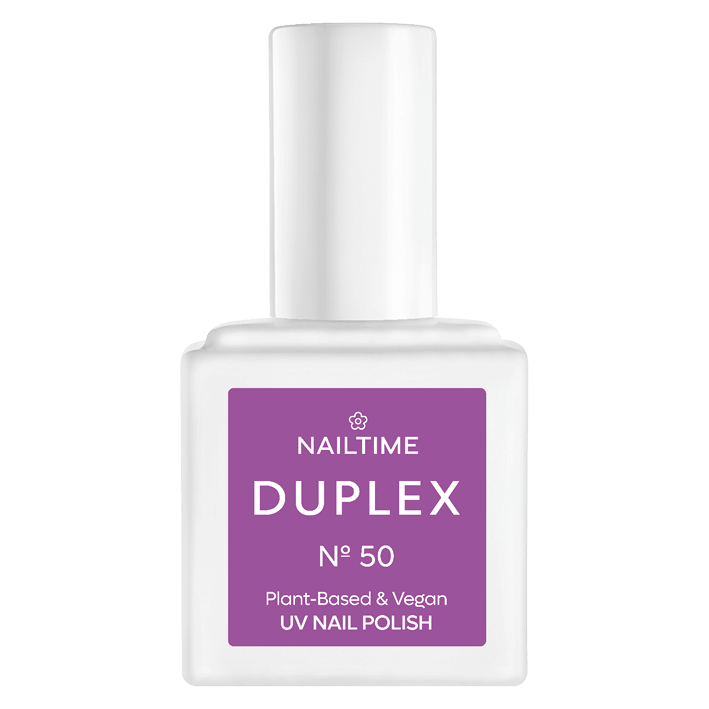 DUPLEX No.50 Vegan UV Nail Polish in vibrant violet, plant-based formula, dries in 90 seconds, long-lasting.