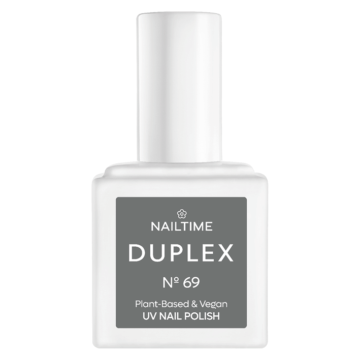DUPLEX N°69 No Regrets plant-based vegan UV nail polish in dark gray with violet undertone