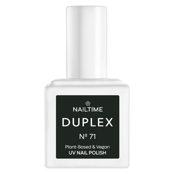 DUPLEX NAIL POLISH No.71 Heavy Metal, vegan and plant-based UV nail polish, sleek black bottle design.