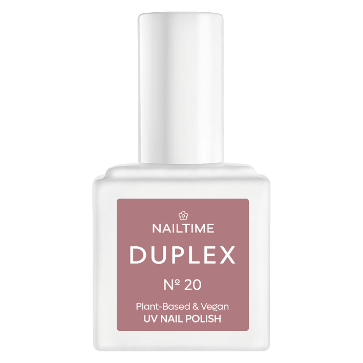 DUPLEX Nail Polish No.20 La Vie Est Belle, warm grey-brown shade, vegan and plant-based, dries quickly under LED light.