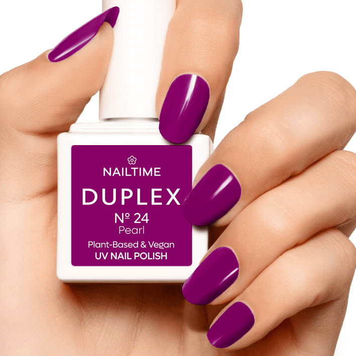 DUPLEX NAIL POLISH No.24 in Purple Rain, plant-based vegan formula, dries in 90 seconds, long-lasting nail color.