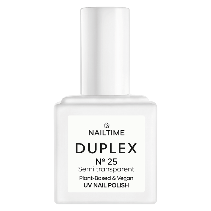 DUPLEX No.25 Satin Slipper vegan UV nail polish in semi-transparent nude white, plant-based and quick-drying.