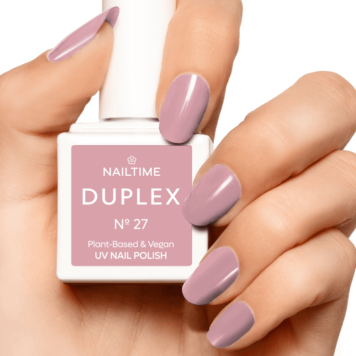 DUPLEX Nail Polish No.27 Ballerina - vegan, plant-based UV nail polish in soft gray-brown with a hint of pink.