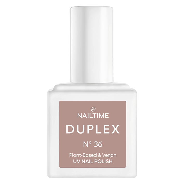 DUPLEX No.36 Chill Out plant-based vegan UV nail polish bottle in elegant caramel tone.