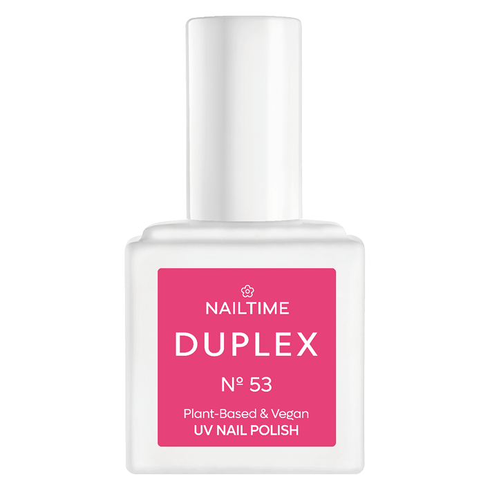 DUPLEX NAIL POLISH No.53 in bright pink-red, plant-based & vegan UV formula, dries in 90 seconds, lasts 3x longer.