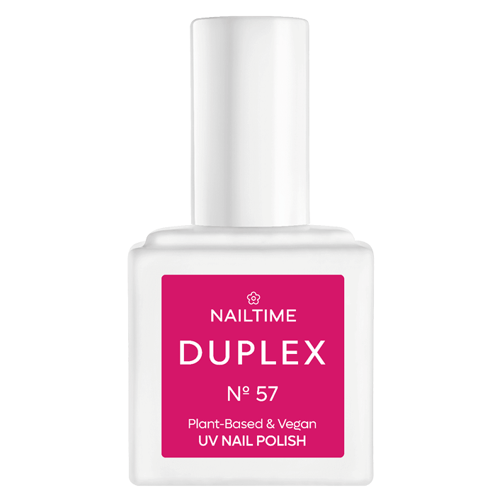 DUPLEX NAIL POLISH No.57 - Belly Button, vegan UV nail polish in vibrant magenta-red, dries in 90 seconds, lasts up to 3x longer.
