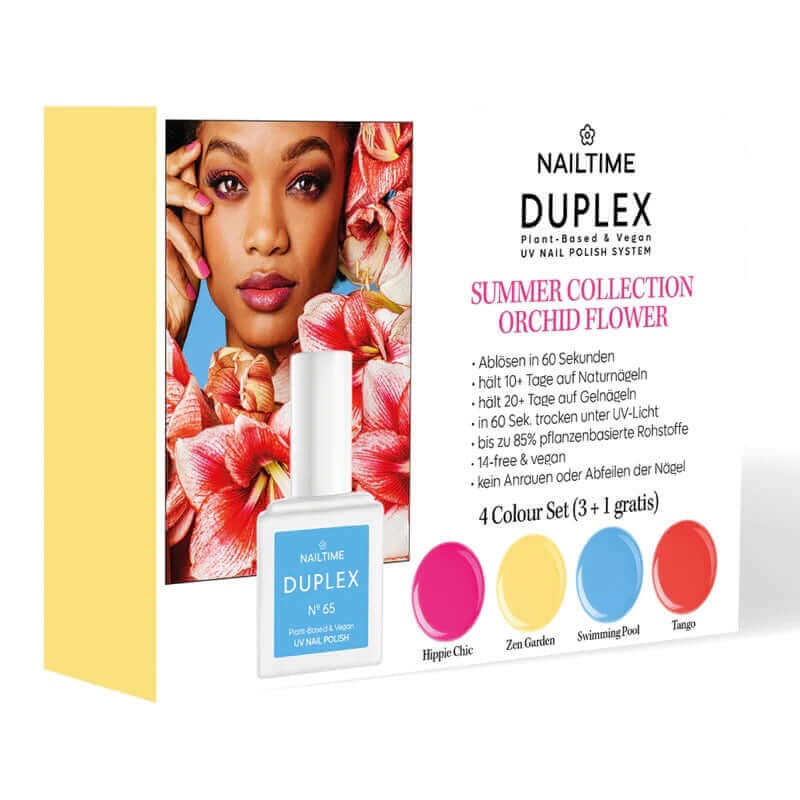 DUPLEX Orchid Flower Summer Collection with bright nail polish colors: Hippie Chic, Zen Garden, Swimming Pool, Tango.