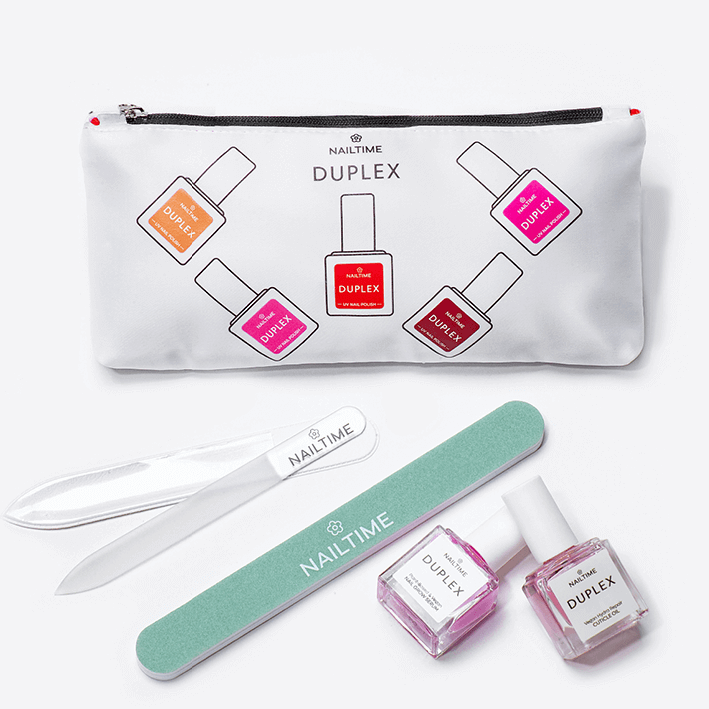 DUPLEX PflegeSet mit Nagellack, Feilen und Kosmetiktasche für gesunde Nägel nach Shellac und UV-Gellack Entfernung.