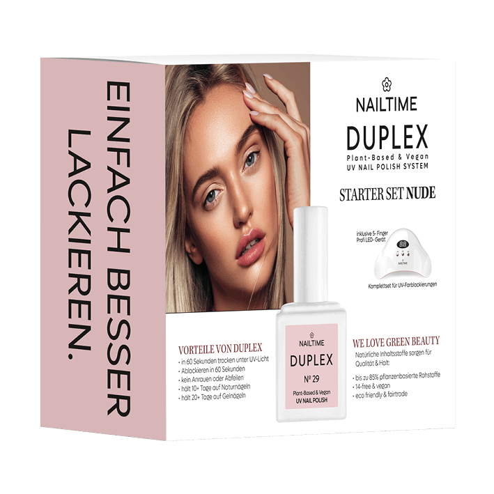 DUPLEX Starter Set Nude with UV LED device for quick nail polish application, featuring plant-based ingredients.