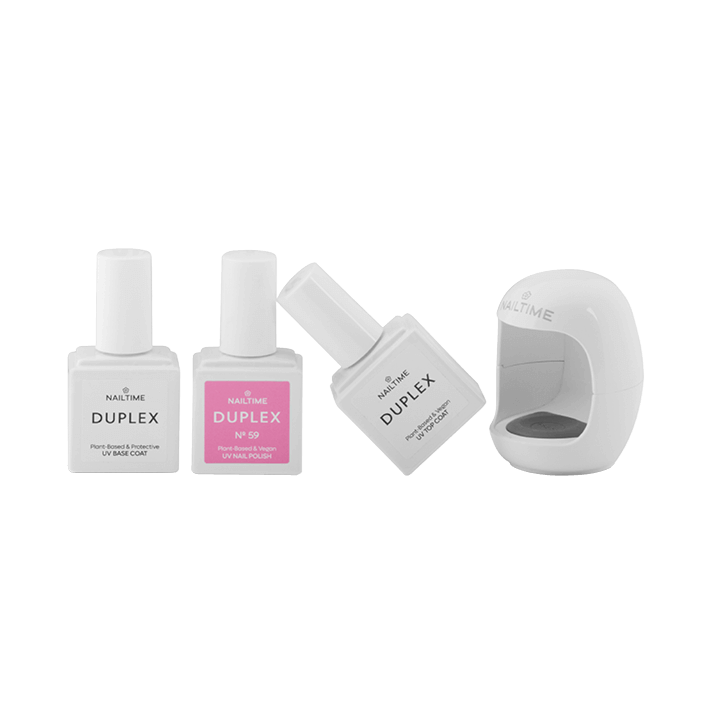 DUPLEX Travel Set featuring vegan UV BIO nail polishes and lamp, perfect for on-the-go manicures.