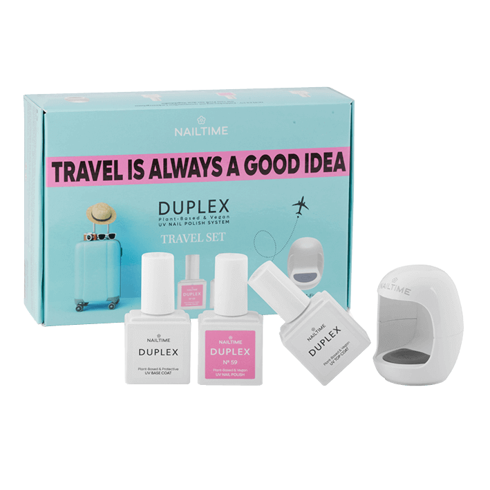 DUPLEX Travel Set with UV bio nail polish, perfect for travel. Plant-based, vegan, dries in 90 seconds.