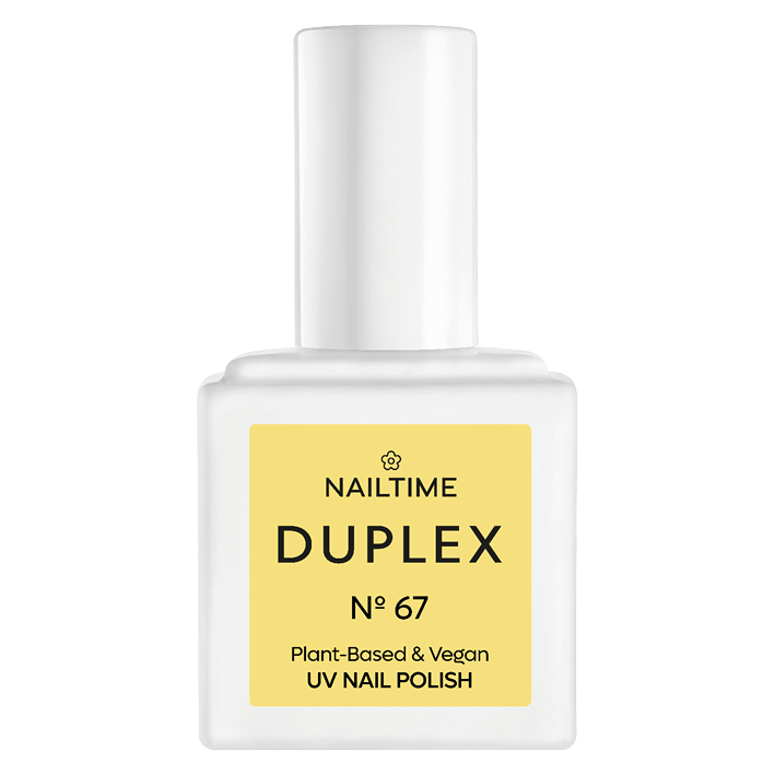 DUPLEX No.67 Zen Garden UV nail polish in bright pastel yellow, plant-based, vegan formula, dries in 90 seconds.